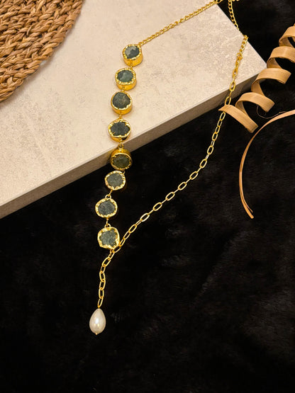 Handcrafted 18K Gold-Plated Asymmetrical Necklace Featuring Raw-Cut Gemstones with Teardrop Pendant – Bohemian Luxe Statement Jewellery.