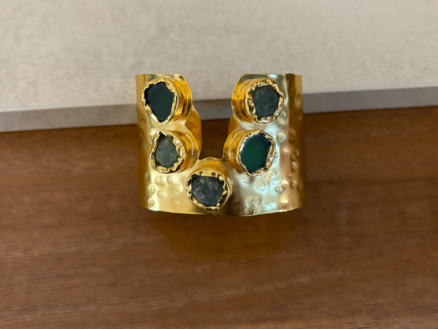 Handcrafted Gold-Plated Gemstone Adjustable Cuff Bracelet with Natural Stones.