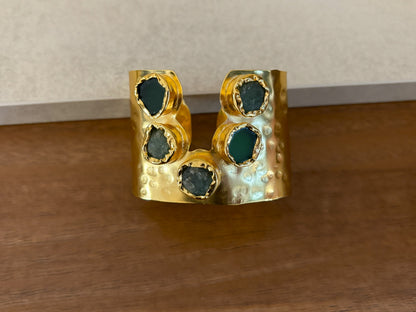 Handcrafted Gold-Plated Gemstone Adjustable Cuff Bracelet with Natural Stones.