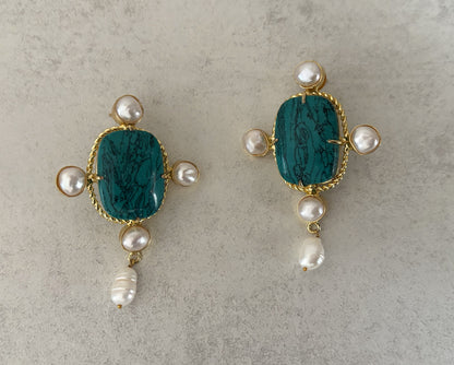 18K Gold Plated Earrings with Freshwater Pearl & Raw Stone Statement Earrings