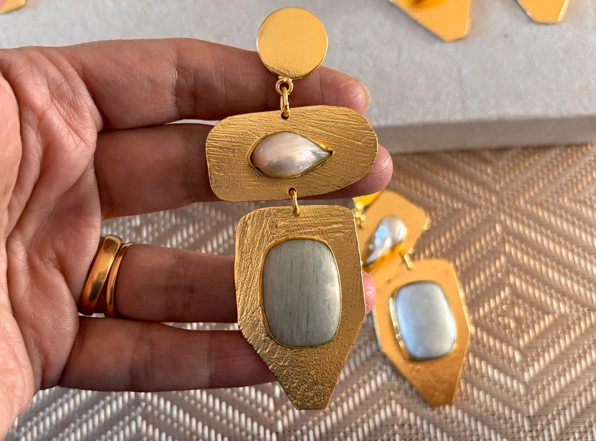 Geometric Drop Earrings – 18K Gold-Plated Brass with Natural Gemstones.