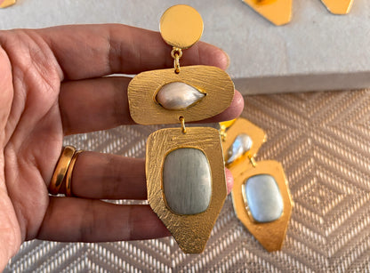 Geometric Drop Earrings – 18K Gold-Plated Brass with Natural Gemstones.