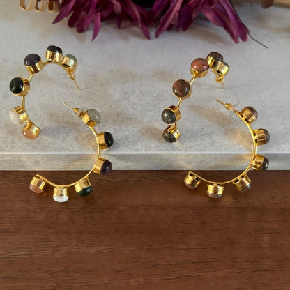 Natural Stone Gold Hoop Earrings — Painted Desert in both stone options, 18k gold-plated brass by Boho Mantra