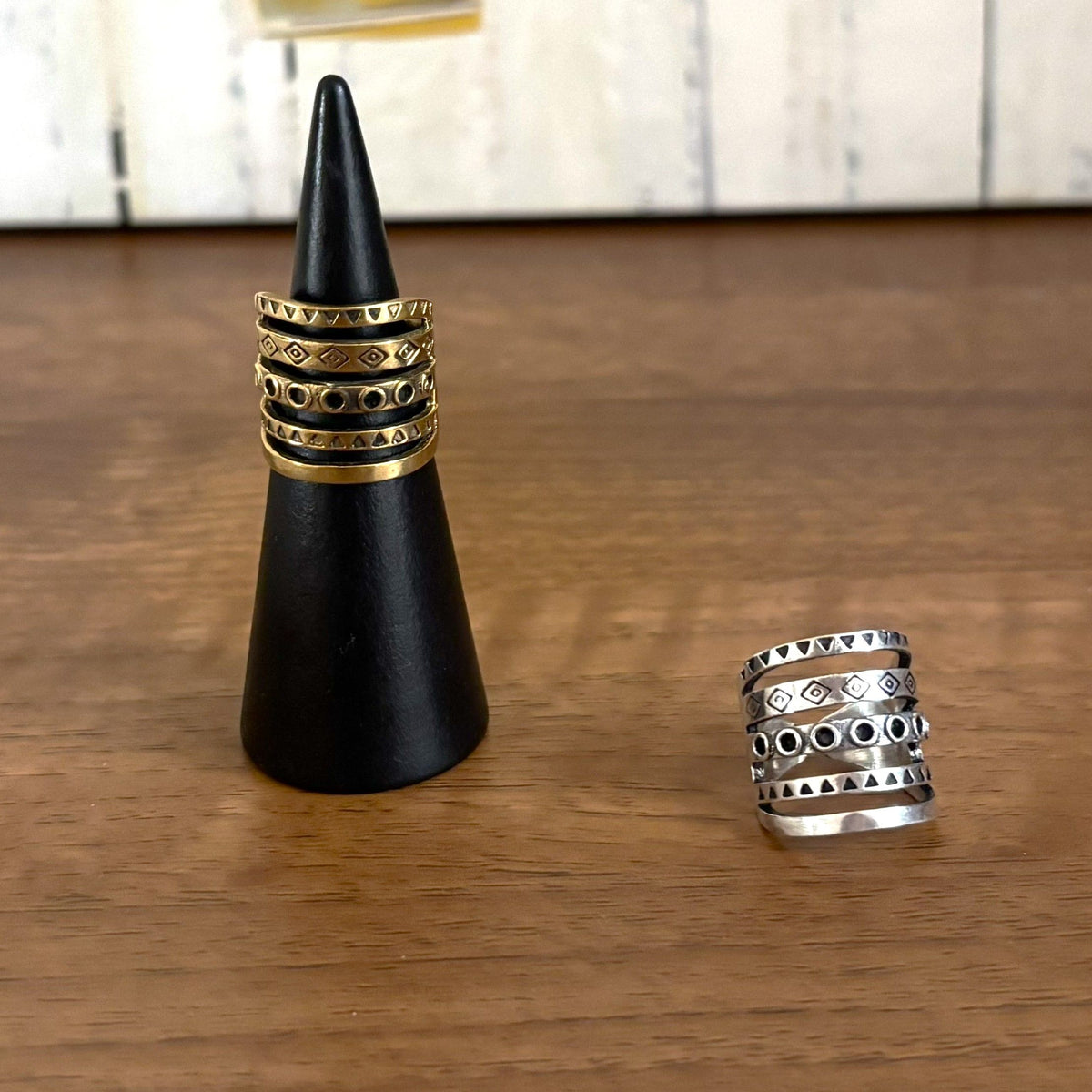 Tribal Stacked Cage Ring in both colour options, gold-tone brass and silver plate, by Boho Mantra