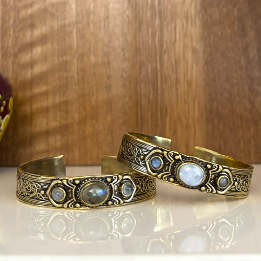 Natural Stone Brass Cuff Bangle — Aurora Moon in both stone options, antiqued brass by Boho Mantra