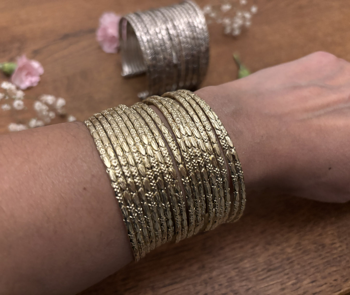 Hammered Gold/Sliver Finish Stack Cuff – Adjustable Brass Bangles Set..