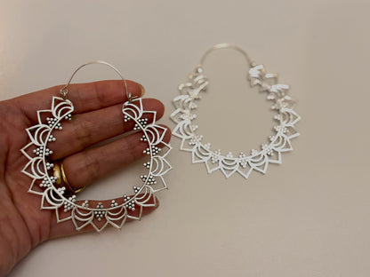 Sunray Mandala Brass/Silver Hoops – Bold Bohemian Circle Earrings.