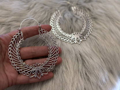 Golden/Sliver Lotus Filigree Hoops - Intricate Mandala-Inspired Brass Statement Earrings..