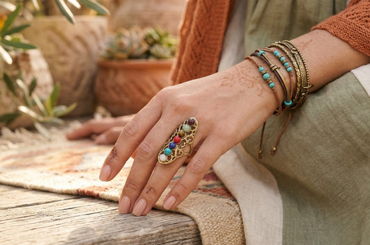 Bohemian Chakra Multi-Stone Adjustable Ring – Vintage Brass Statement Ring