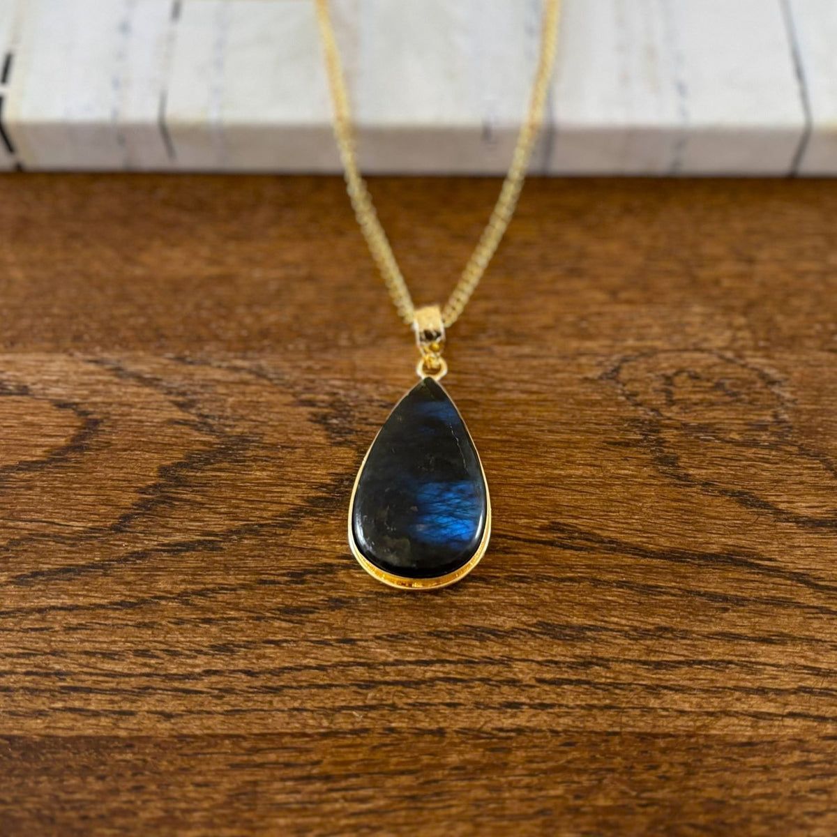 Gold-Plated Labradorite Pendant Necklace — Aurora Veil, teardrop stone in 18k gold-plated brass by Boho Mantra