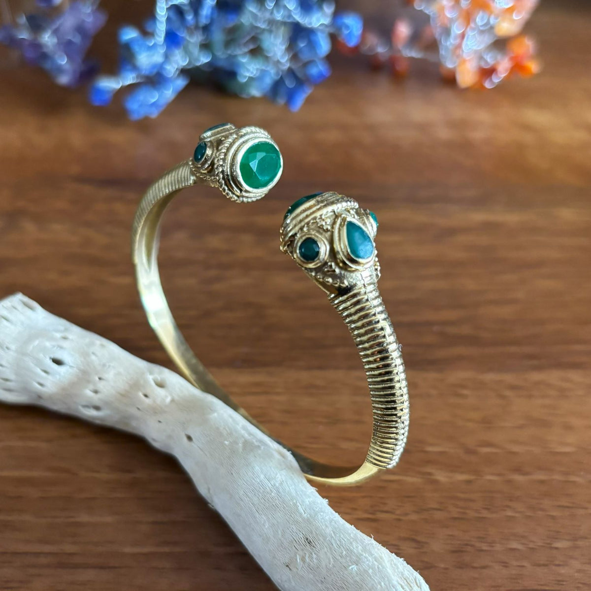 Adjustable Brass Cuff Bangle — Temple Twilight in Forest Green — faceted glass set in jewelled brass terminals