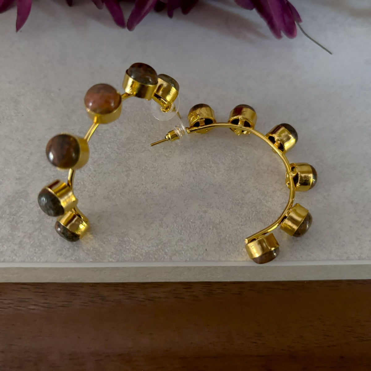 Natural Stone Gold Hoop Earrings — Painted Desert in Jasper, earthy rust and sage cabochons in gold cups