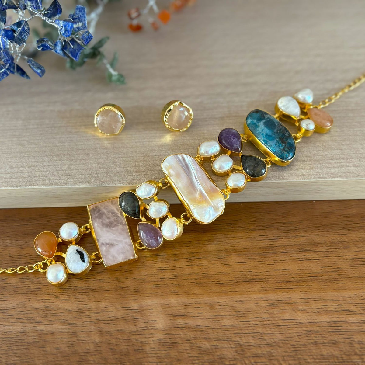 Natural Stone & Pearl Choker and Earring Set — Garden of Dusk, baroque pearl centre in 18k gold-plated brass by Boho Mantra