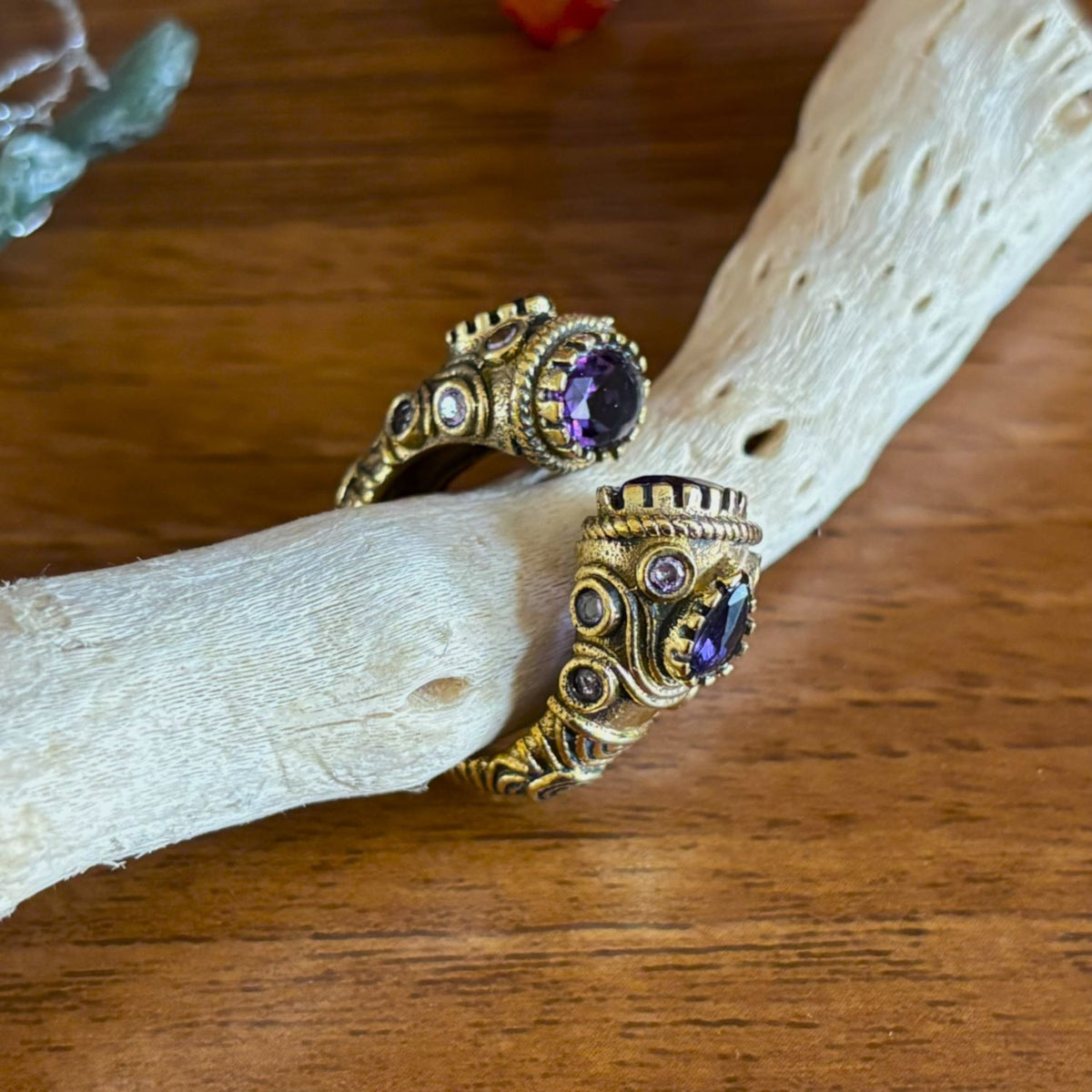 Antique Brass Adjustable Bypass Ring — Twin Crowns in Royal Purple — faceted glass crown settings