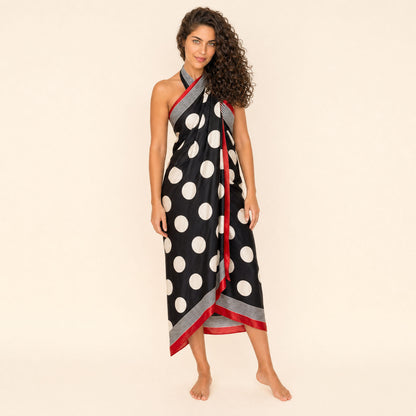 Polka Dot Satin Sarong — Riviera Drift, cream-on-black satin sarong by Boho Mantra