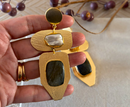 Geometric Drop Earrings – 18K Gold-Plated Brass with Natural Gemstones.