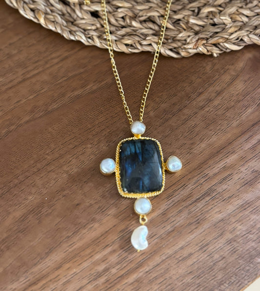 Handcrafted 18K Gold Plated Gemstone & Pearl Pendant.