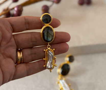 18K Gold-Plated Brass  Drop Earrings with Natural Gemstones.