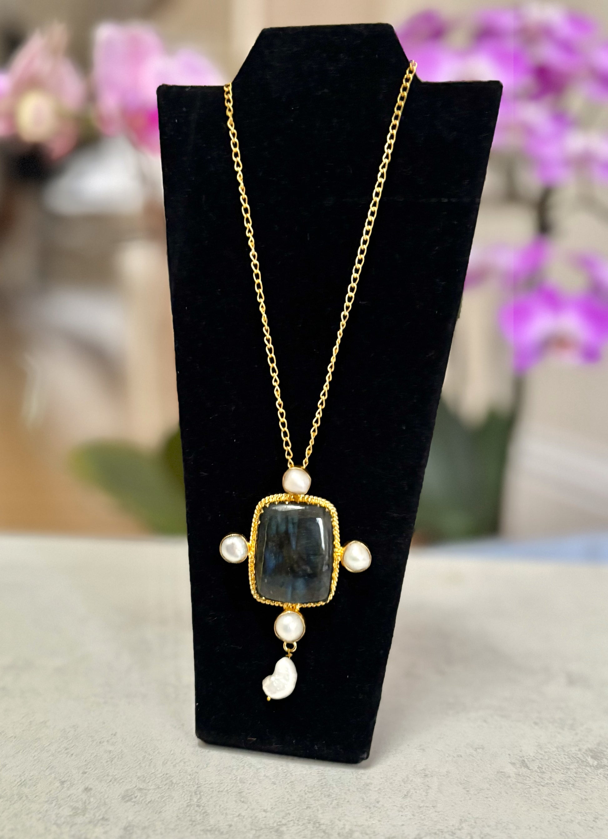 Handcrafted 18K Gold Plated Gemstone & Pearl Pendant.