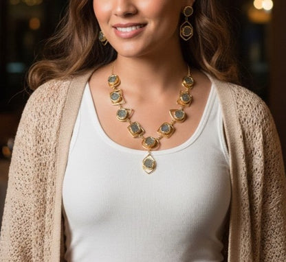 Raw Multi-Gemstone Statement Necklace & Earrings Set.
