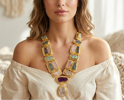 Boho Mantra Luxe Multi-Gemstone Statement Necklace – 18K Gold Plated