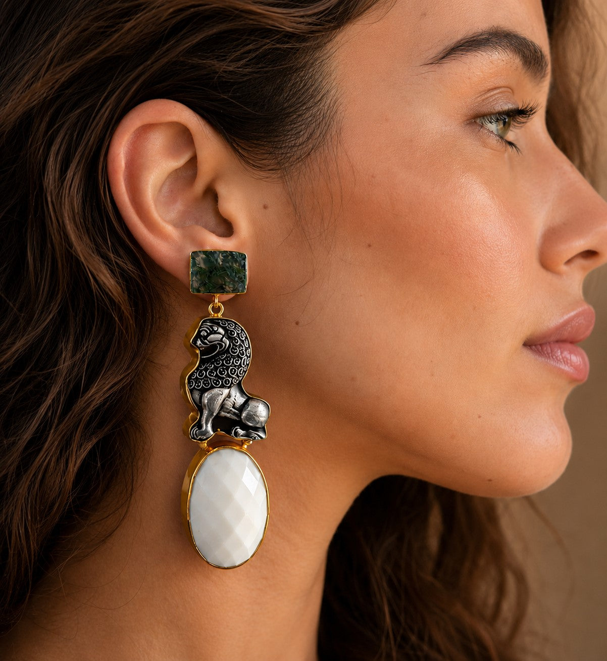 Lion Charm Statement Earrings with Natural Stone Drops