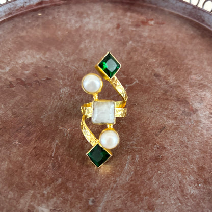 Natural Gemstone & Pearl Wrap Ring — Mughal Garden
