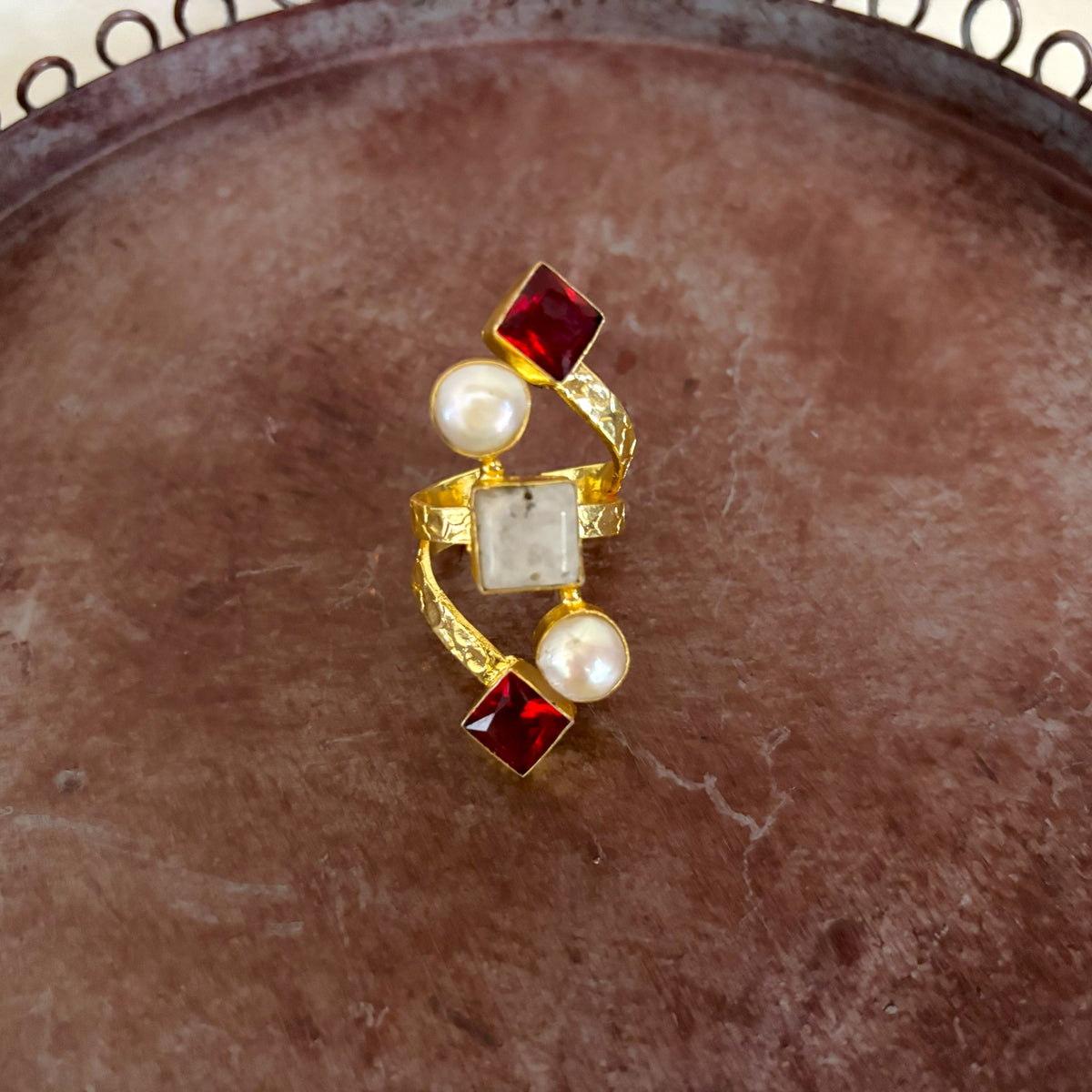 Natural Gemstone & Pearl Wrap Ring — Mughal Garden