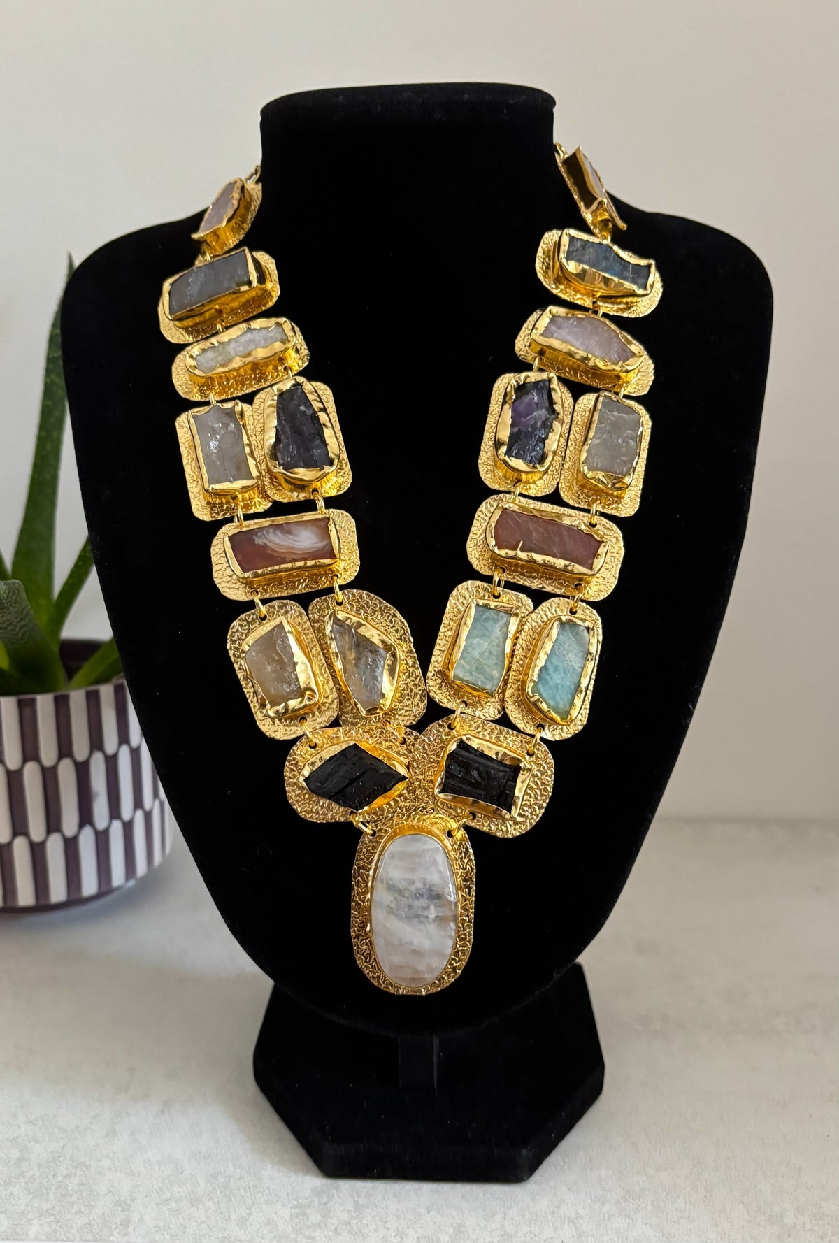 Boho Mantra Luxe Multi-Gemstone Statement Necklace – 18K Gold Plated