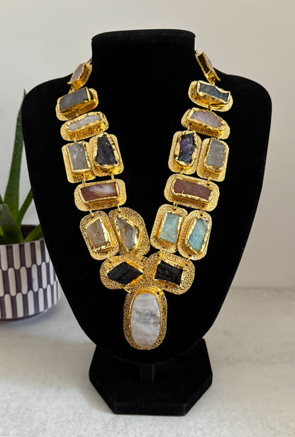 Boho Mantra Luxe Multi-Gemstone Statement Necklace – 18K Gold Plated