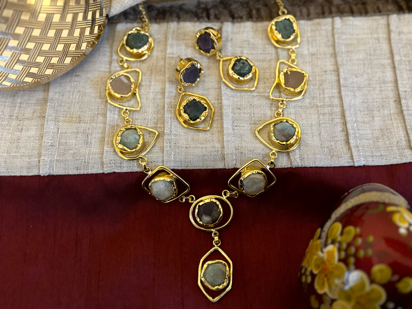 Raw Multi-Gemstone Statement Necklace & Earrings Set.