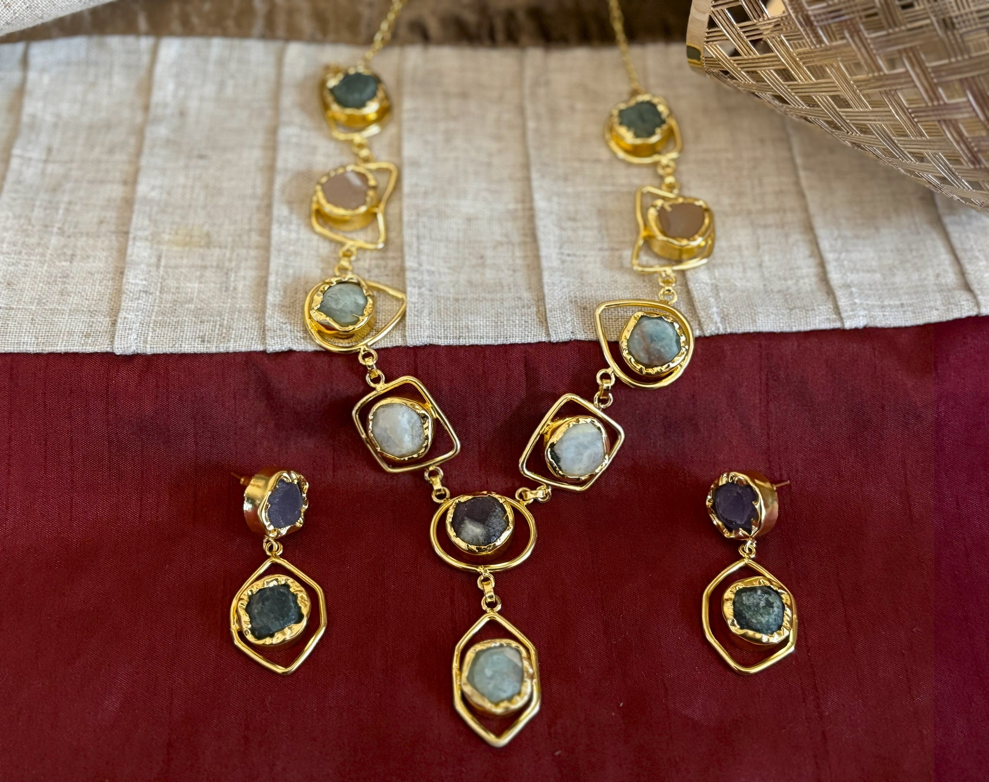 Raw Multi-Gemstone Statement Necklace & Earrings Set.