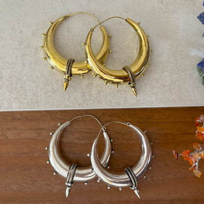 Steampunk Brass/Silver Spike Hoop Earrings - Chunky brass hoops with spike details and a bold steampunk aesthetic.