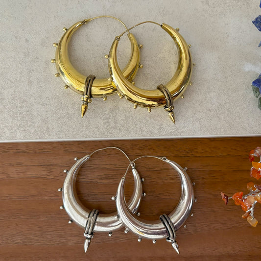 Steampunk Brass/Silver Spike Hoop Earrings - Chunky brass hoops with spike details and a bold steampunk aesthetic.