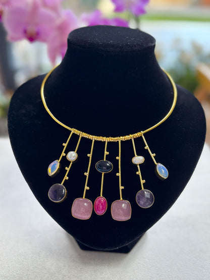 Handcrafted 18K Gold-Plated Multicolor Gemstone Hasli Necklace