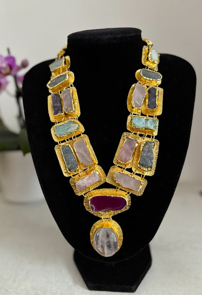 Boho Mantra Luxe Multi-Gemstone Statement Necklace – 18K Gold Plated