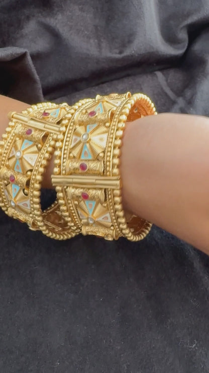 Royal Motif Bridal Kada with Enamel & Ruby Inlay - Vintage-style bangle.