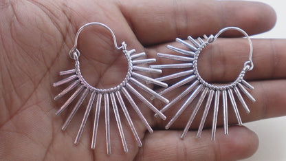 Boho style Brass/Silver Sunburst Hoop Earrings.