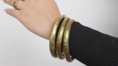 Etched Tribal Boho Brass Bangles - Thick, engraved bangles