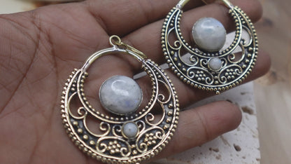 Boho Filigree Crescent Hoop Earrings with Natural Stone Center.