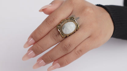 Vintage Brass Ring with White Moonstone – Ethereal Boho Statement.