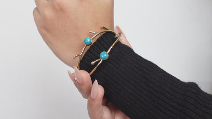 Turquoise/Moonstone Twig Open Brass Bangle - Nature-inspired twig bangle with turquoise stones—bold and earthy.
