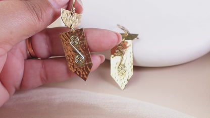 Gaia Hammered Shield Drops - Rustic Brass Earrings with Spiral Wire Detail.