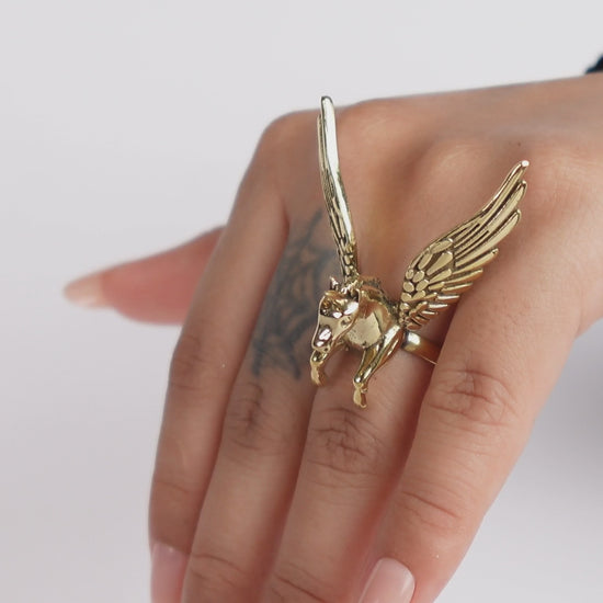 Gold Brass Pegasus Unicorn Statement Ring – Adjustable Ring.