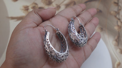 Filigree Brass Hoop Earrings – Crescent Drop Mandala Style.
