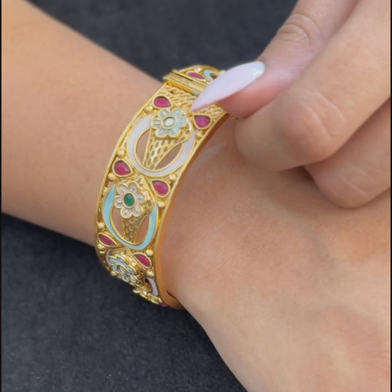 Pastel Floral Arch Kada - Unique pastel-toned openable kada with floral enamel work and teardrop rubies in oval layout..
