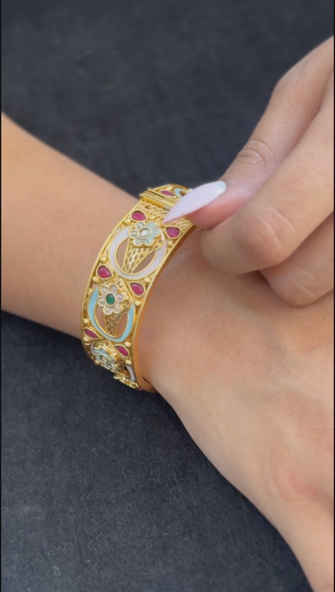 Pastel Floral Arch Kada - Unique pastel-toned openable kada with floral enamel work and teardrop rubies in oval layout..