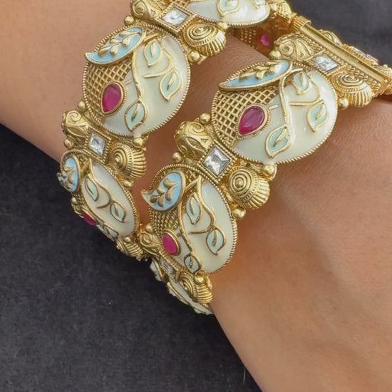 Ivory Enamel Leaf Kada - Hand-painted bridal kada..