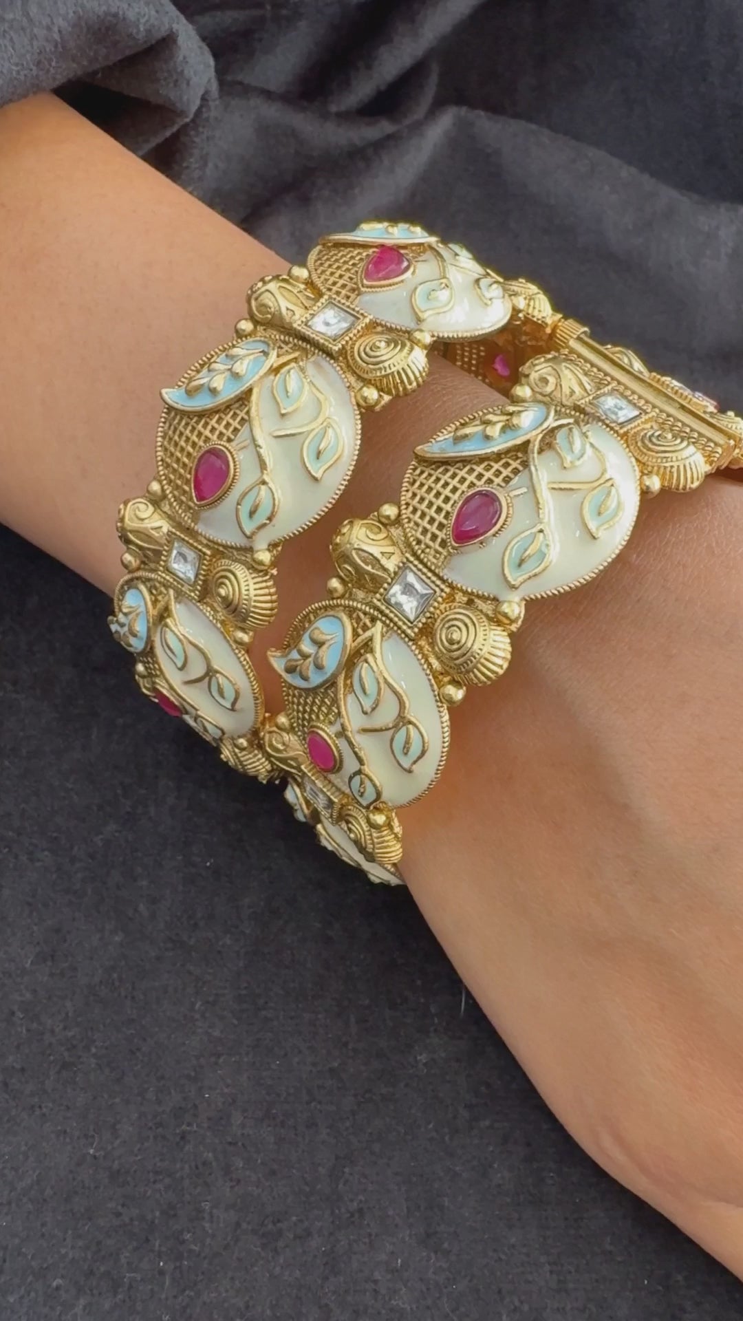 Ivory Enamel Leaf Kada - Hand-painted bridal kada..