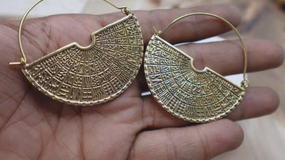 Half-Fan Brass Earrings – Ancient Mandala Statement Hoops.